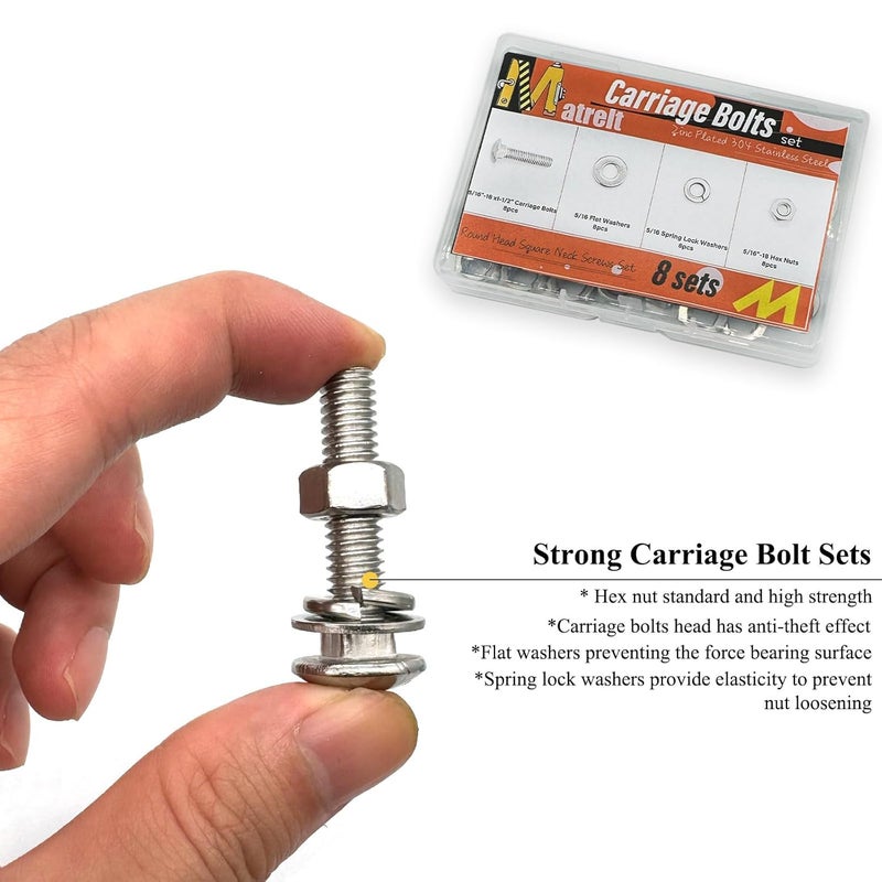 Matrelt 8 Sets 5/16"-18 x1-1/2 Carriage Bolts Round Head Square Neck Screws with Hex Nuts Flat Washers Spring Lock Washers 304 Stainless Steel Full Thread Coverage Square Neck Bolts Assortment Kit - Image 5